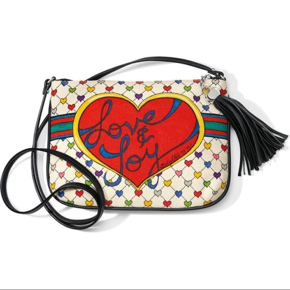 Brighton Love and Joy Canvas Crossbody Pouch Purse Heart Tassel Holiday Bow